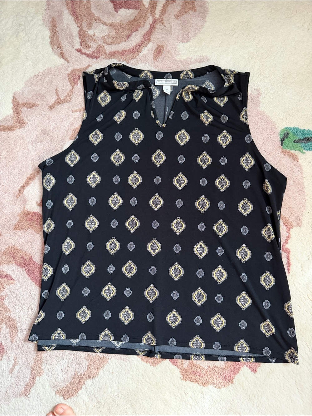 Dana Buchman Black Sleeveless Blouse with Gold & Gray Medallion Print